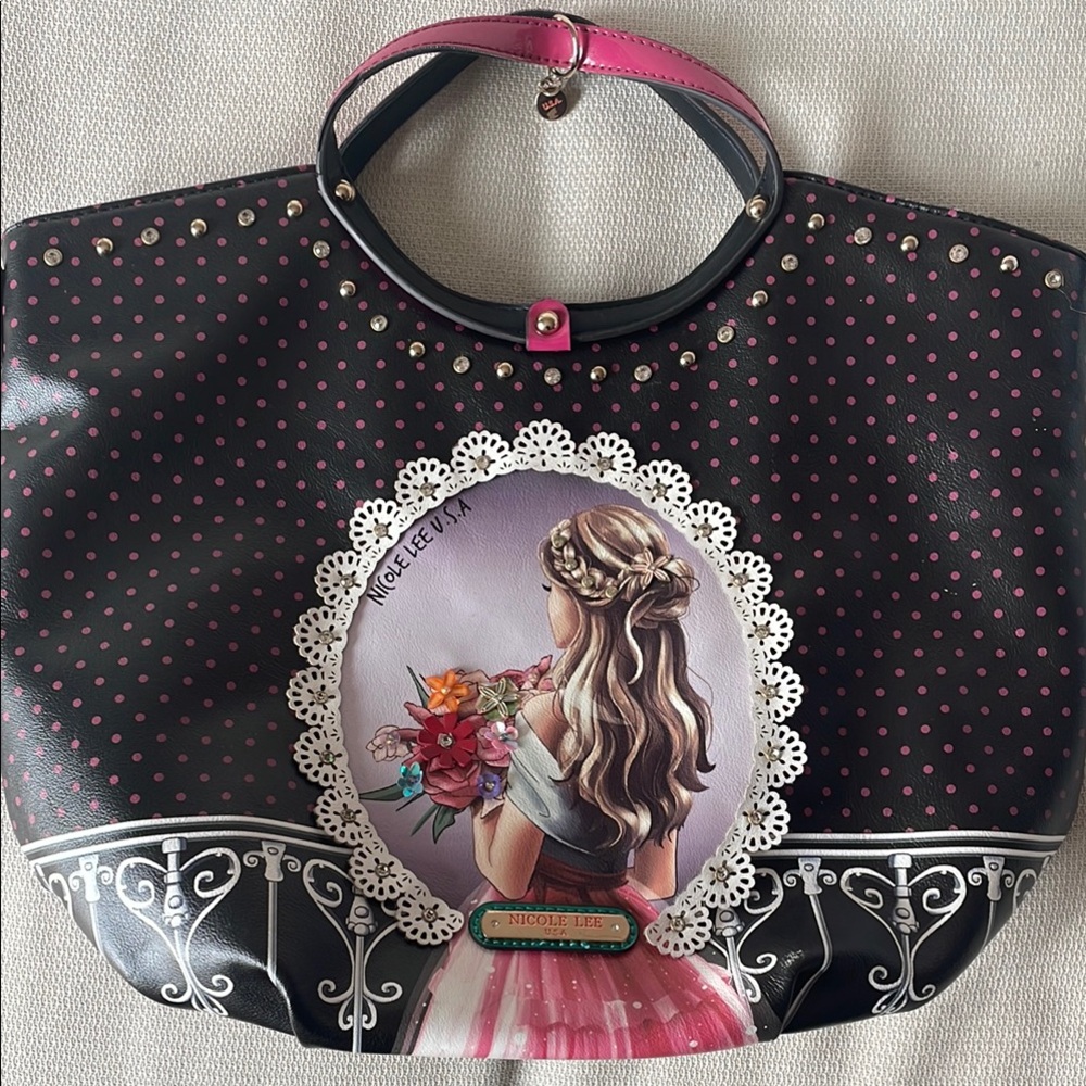 Rare Nicole Lee Black and Pink Tote with Artistic Design